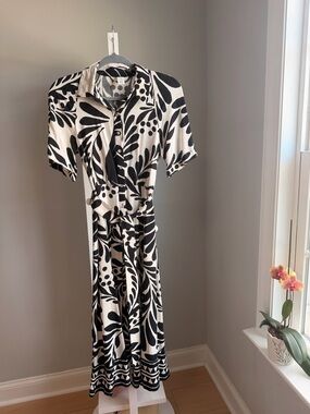 H&M Black and White Botanical Midi Shirt Dress with Tie Waist